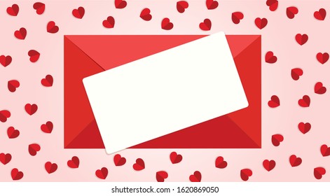 Valentine's Day background with envelope , letter and hearts.
Love vector illustration in paper art and digital craft style.