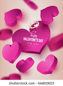 Valentine's Day background with falling 3D pink hearts . Vector illustration