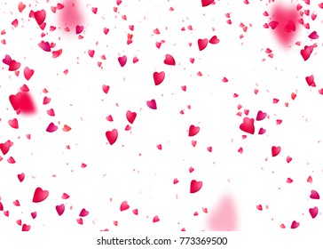 Valentines day background. Falling from above romantic pink love hearts. Blurred petal. Women, mother day concept. Vector illustration