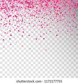Valentines Day background. Falling Confetti hearts petals. Heart shapes isolated on transparent background. Love concept. Vector illustration.