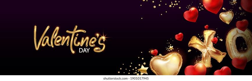 Día de San Valentín. Diseño festivo de fondo con letras de texto de metal dorado realistas XO. Título romántico horizontal para la plantilla del sitio web.