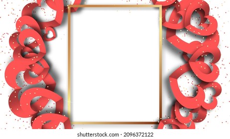 Antecedentes del día de San Valentín. Fondo festivo con marco, brillo y papel cortan corazones en la ilustración vectorial del material blanco.