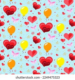 Valentine's Day background, festive pattern of hearts, balloons and ribbons. Hand-drawn colored doodles. Design for Valentine's Day background, birthday. Texture card, banner, flyer, post. 