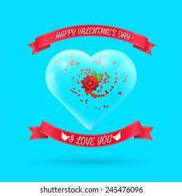 Valentine's day background with flower within glass heart. Vector illustration for your greeting or invitation card, poster, flyer, other design.