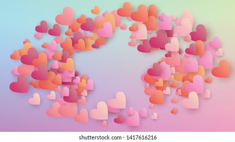 Valentine's Day Background. Flyer Template. Heart Confetti Pattern. Many Random Falling Pink Hearts on Hologram Backdrop. Vector Valentine's Day Background.