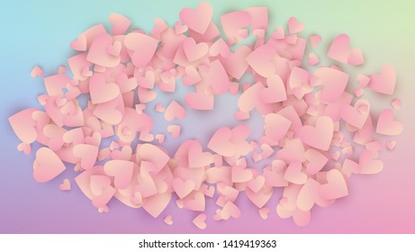 Valentine's Day Background. Flyer Template. Heart Confetti Pattern. Many Random Falling Beautifull Hearts on Hologram Backdrop. Vector Valentine's Day Background.