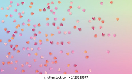 Valentine's Day Background. Flyer Template. Heart Confetti Pattern. Many Random Falling Red Hearts on Hologram Backdrop. Vector Valentine's Day Background.