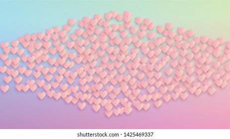 Valentine's Day Background. Flyer Template. Heart Confetti Pattern. Many Random Falling Red Hearts on Hologram Backdrop. Vector Valentine's Day Background.