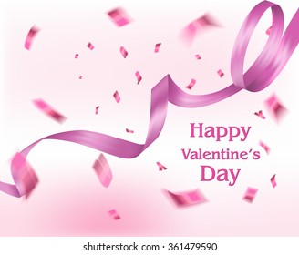 Valentine's Day Background With  Flying Confetti And Pink Ribbon