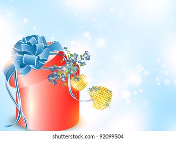 Valentine`s day background with forget-me-not flowers in gift box and golden hearts