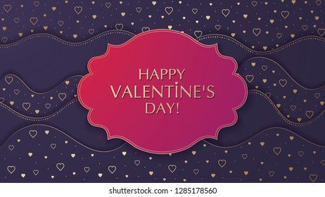 The Valentine's day background with frame. The effect of cut paper. Golden hearts and dots pattern.  Vector illustration.