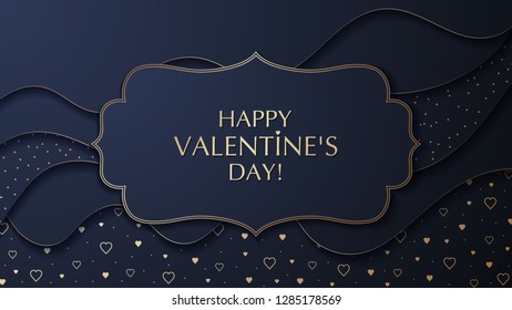 The Valentine's day background with frame. The effect of cut paper. Golden hearts and dots pattern.  Vector illustration.