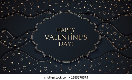 The Valentine's day background with frame. The effect of cut paper. Golden hearts and dots pattern.  Vector illustration.
