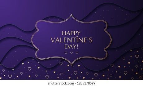 The Valentine's day background with frame. The effect of cut paper. Golden hearts and dots pattern.  Vector illustration.