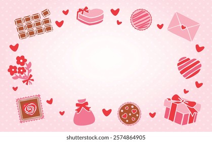 Valentine's Day background frame featuring cute hand-drawn illustrations of hearts and chocolates_Present_Gift title material	