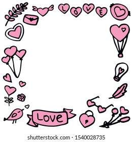 Valentine's Day background frame with hand drawn elements, vector illustration