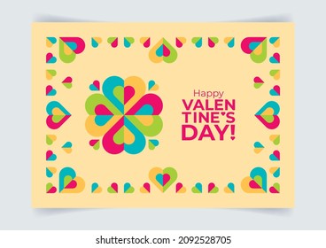 Valentine's day background with frame of hearts and creative decorative elemnt. Flat style, geometric mosaic. Poster, banner, flyer, invitation