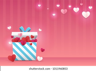 Valentines day background. A gift box with many heart-shaped paper art craft style inside, and many heart-shaped paper hang over on top. Vector illustration.