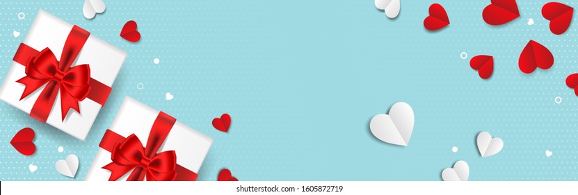 Valentine's Day background. Gift box decorated with red ribbons and Hearts paper on pastel blue background. Valentine's day concept. Top view. Vector illustration.