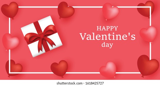 valentines day background with gift box decorated with red ribbons frame and red heart shaped . design for poster, flyer, greeting card.