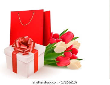 Valentine's day background with gift box and flowers. Vector.