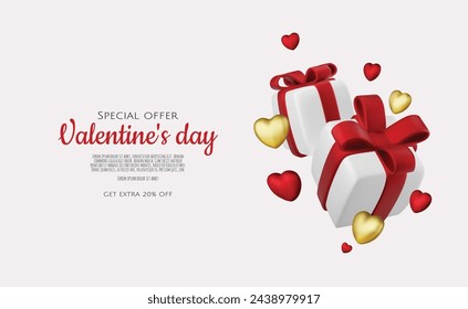 Valentines day background with gift box. Realistic 3d design.