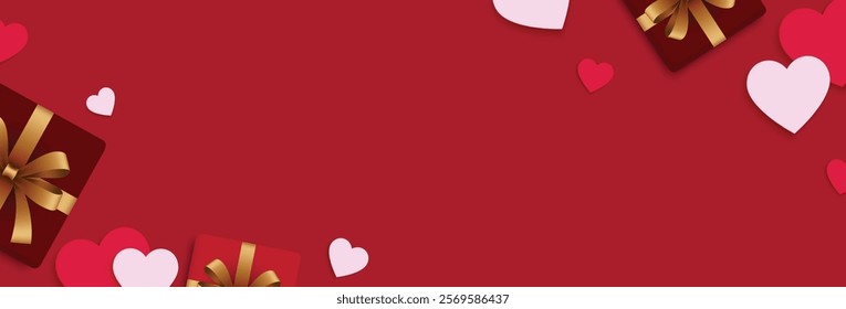 Valentines day background with gift box and heart elements. Top view. Flat lay with space for text. Vector illustration