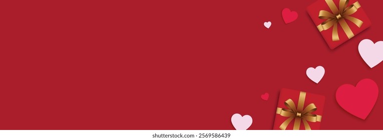 Valentines day background with gift box and heart elements. Top view. Flat lay with space for text. Vector illustration