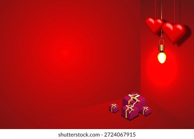 Fondo de San Valentín con caja de regalo 3d y bombilla. área de espacio de copia