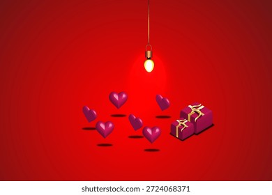 Fondo de San Valentín con caja de regalo 3d y bombilla. área de espacio de copia