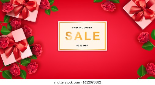 Fondo del día de San Valentín con cajas de regalo y flores de rosa. Ilustración vectorial. Banner de venta de amor o tarjeta de saludo