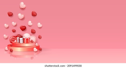 valentines day background with gift boxes on podium and 3d realistic hearts with copy space