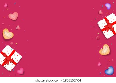 Valentine's Day background. Gifts, hearts, confetti on a dark background. Valentine's Day concept. Copy space