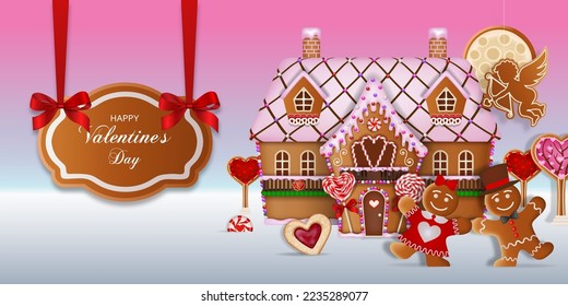 Valentine's day background with gingerbread cookies and candies. Gingerbread landscape with a house and a loving couple.