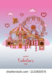 Valentine's day background with gingerbread funfair. Gingerbread valentine landscape