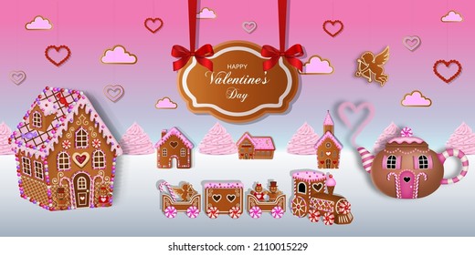 valentine's day background with gingerbread landscape