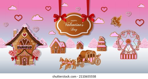 valentine's day background with gingerbread landscape