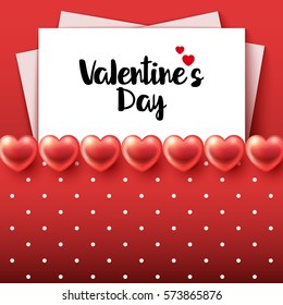 Valentines Day Background with glossy hearts, paper sheets and polka dots. Vector illustration