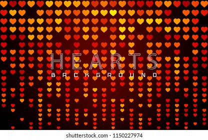 Valentines day background with glossy red and  golden hearts on dark. Vector illustration