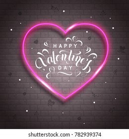 Valentines day background glowing neon heart and handwriting lettering for greeting card banner poster vector illustration