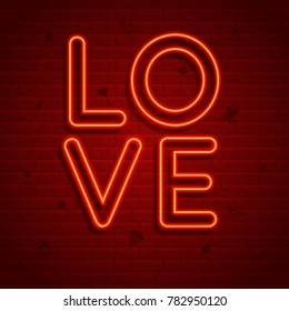 Valentines day background with glowing neon love text on a brick wall vector illustration