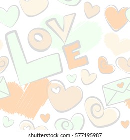 Valentines day background in gray and beige colors. Abstract love seamless pattern on a white background. Vector heart, love letter and text seamless pattern.