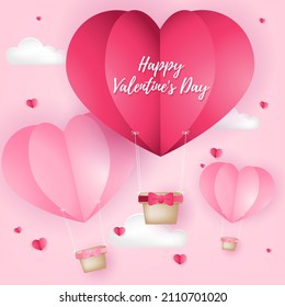 Valentines day background of a group of heart shape hot air balloon with tiny hearts on light pink background. Concept of love and Valentine day in paper art style.