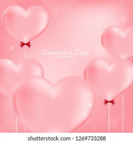 Valentine's day background of a group of pink heart shape balloons with red ribbon on light pink background for your copy space. Design for love and Valentines day concept. Vector illustration.