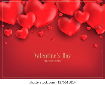 Valentine's Day background of a group of realistic red hearts with gold frame on red color background with your copy space. Concept of love and Valentines day. Vector illustration.