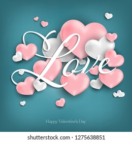 Valentine's day background of a group of realistic pink and white hearts around Love text on ocean blue color background with tiny Happy Valentine's day text. Valentines day greeting card or banner. 