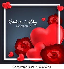 Valentine's day background of a group of red hearts with red rose and white frame on dark color background for your copy space. Vector illustration.