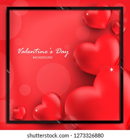 Valentine's day background of a group of red heart with black color frame on red background with your copy space. Concept of love and Valentines greeting banner. Vector illustration.