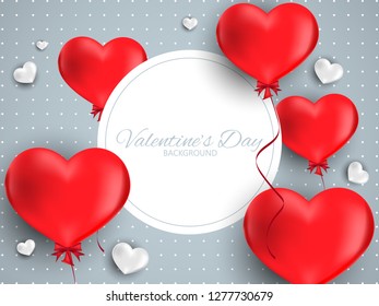 Valentine's day background of a group of red heart shape balloons with ribbon around white circle frame for your copy space on light gray background with little white hearts. Vector illustration.