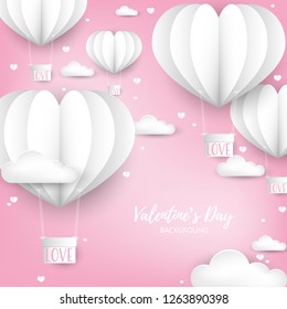 Valentine's day background of a group of white heart shape hot air balloons hanging box with LOVE text on light pink sky with clouds and tiny hearts in paper art style with your copy space. 